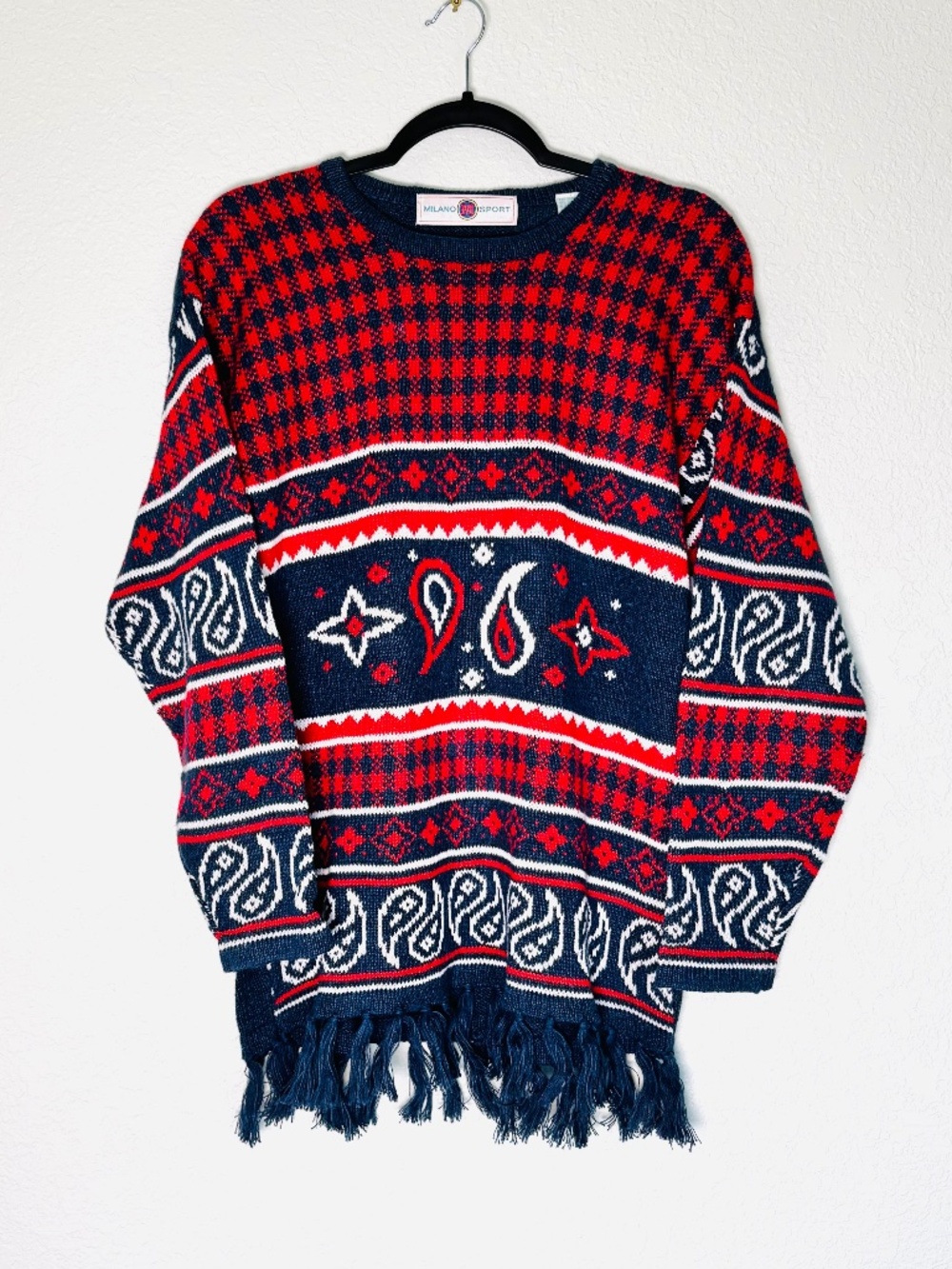 Milano Sport Sweater Women's S Ramie Blend Red Blue Fringe Festive Grandmacore